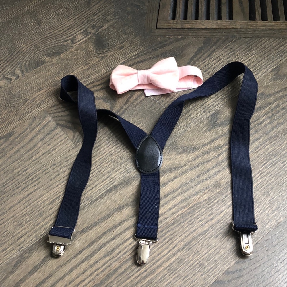 Navy suspenders and Rose Bow tie